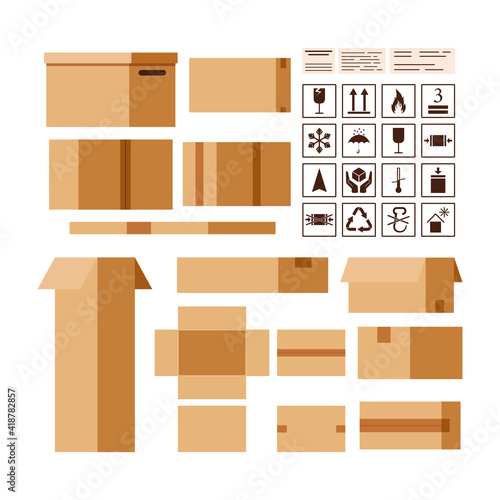 Cardboard parcels box creator with packaging and information sings isolated on white background. Closed and open front, top, side view delivery post package set flat design cartoon vector illustration