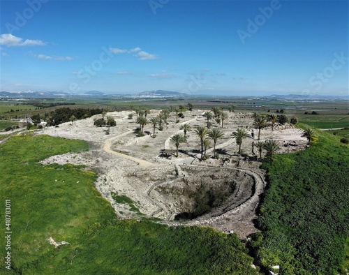 Tel Megiddo, Israel - March 7 2021: Ancient ruins of Megiddo (Armagedon)