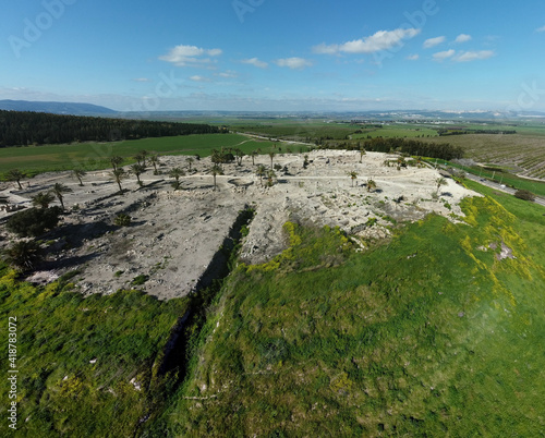 Tel Megiddo, Israel - March 7 2021: Ancient ruins of Megiddo (Armagedon)