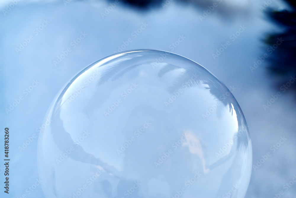 Freezing soap bubble on the snow in the shade of a Christmas tree Freezing soap bubble on the snow in the shade of a Christmas tree