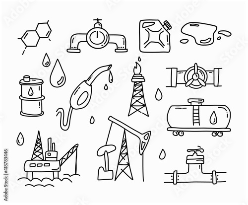 Gas and Oil doodle Set. Petrol Outline elements. Hand drawn icons and sketch.