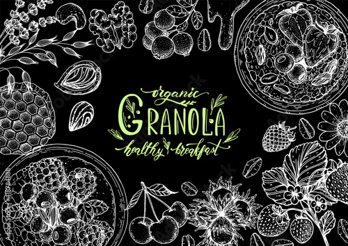 Granola illustration. Oat flakes , berries, fruits and nuts hand drawn sketch. Breakfast top view frame. Morning food menu design. Hand drawn vector illustration.