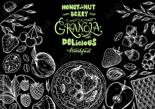 Granola ingredients illustration. Oat flakes , berries, fruits and nuts hand drawn sketch. Breakfast top view frame. Morning food menu design. Hand drawn vector illustration.