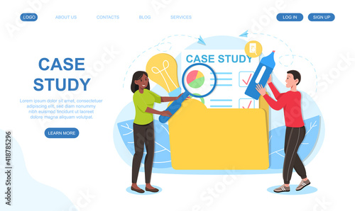 Male and female characters are studying a case together. Man and woman looking at document with diagrams through magnifier. Website, web page, landing page template. Flat cartoon vector illustration