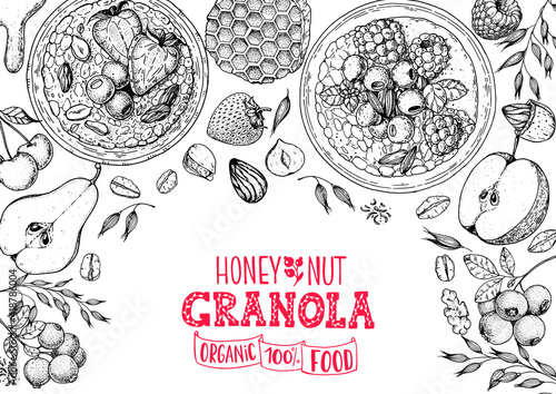 Granola ingredients illustration. Oat flakes , berries, fruits and nuts hand drawn sketch. Breakfast top view frame. Morning food menu design. Hand drawn vector illustration.
