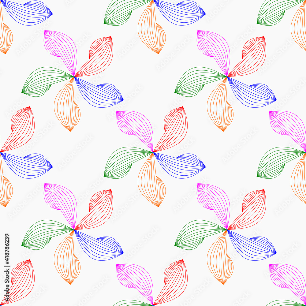 Flowers from multi-colored contours on a white background. Floral seamless background. Abstract flowers. Simple multi-colored flowers for packaging, fabric, bedding, drawing on dishes. Flowers from multi-colored contours on a white background. Floral seamless background. Abstract flowers. Simple multi-colored flowers for packaging, fabric, bedding, drawing on dishes.