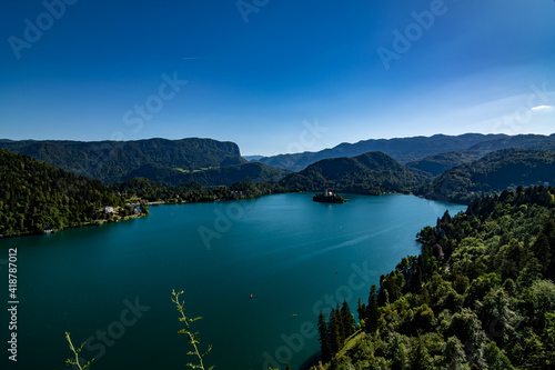 Aerial view of Lake Bled with island church from Bled castle, Slovenia