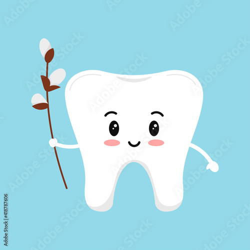 Easter cute tooth with willow dental icon isolated on background. Dentist white teeth easter character with pussy-willow branch. Flat cartoon vector kids dentistry clip art illustration