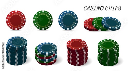Colorful matte casino chips for poker or roulette. Elements to design logo, website or banner. Vector illustration.