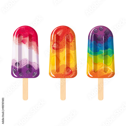 Set of popsicles with berries and fruits on a stick isolated on white. Vector illustration, cartoon, object, icon, emblem, summer refreshing dessert