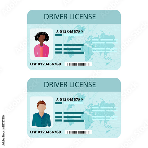 
Man and woman driver license isolated on white background. Driver license plastic card template. Identity, ID or identification card, identity verification, person data. Stock vector illustration