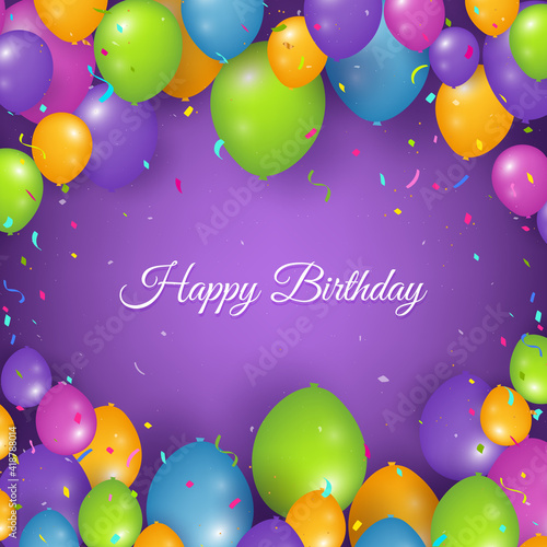Canvas Print Realistic Happy birthday background with balloons and confetti