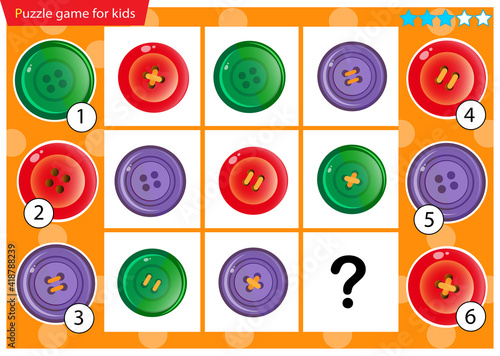 What item are missing? Color buttons. Logic puzzle game for kids. Education game for children. Sudoku puzzle. Worksheet vector design for schoolers