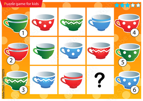 What item are missing? Kitchen tea set. Colorful cups. Logic puzzle game for kids. Education game for children. Sudoku puzzle. Worksheet vector design for schoolers