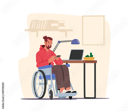 Handicapped Male Character on Wheelchair at Home Looking on Screen of Smartphone Writing Message or Watch Video on Phone