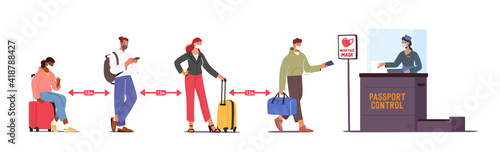 Passengers Characters in Medic Masks Stand in Queue Keep Distance Prepare Documents for Flight Registration in Airport