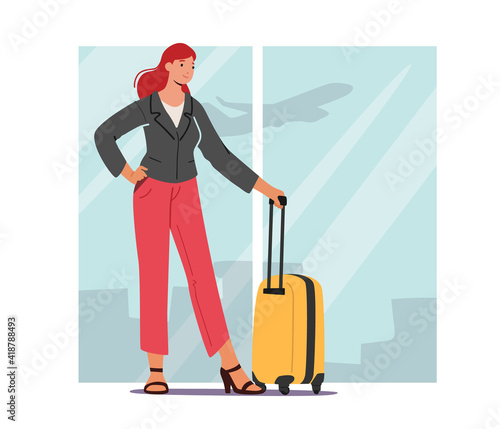 Female Tourist Character with Luggage Boarding on Airplane. Girl Traveler Go to Aircraft, Passenger Board to Jet, Trip