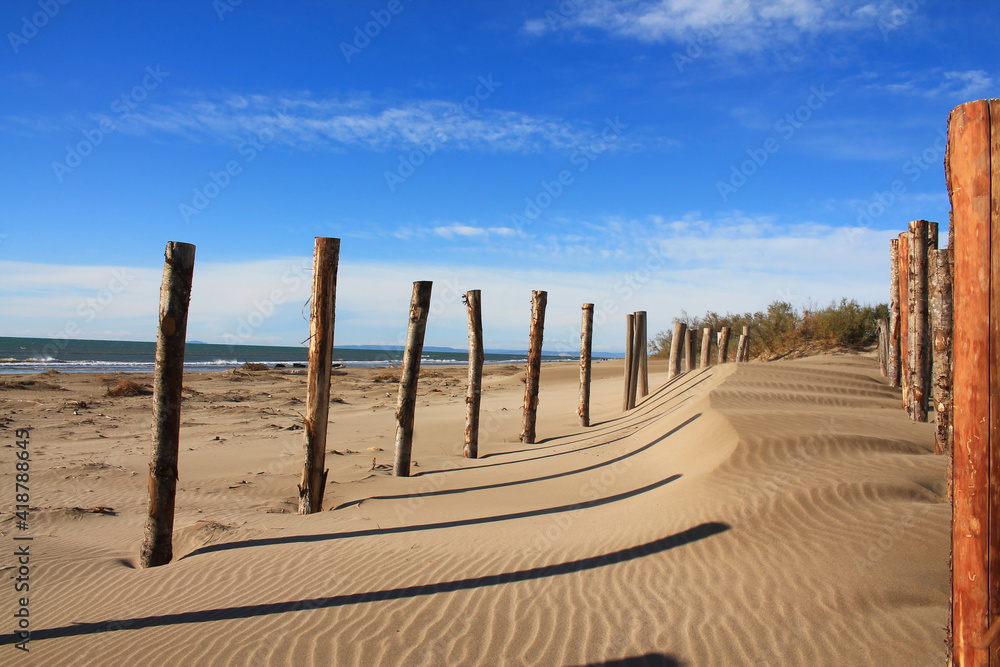 Natural and wild beach with a beautiful and vast area of dunes, Camargue region in the South of Montpellier, France Natural and wild beach with a beautiful and vast area of dunes, Camargue region in the South of Montpellier, France