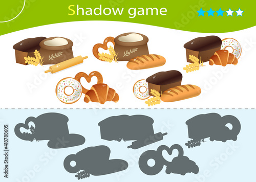 Shadow Game for kids. Match the right shadow. Baked goods. Bread with wheat loaf, puff bun, donut, bagel with poppy. Worksheet vector design for children