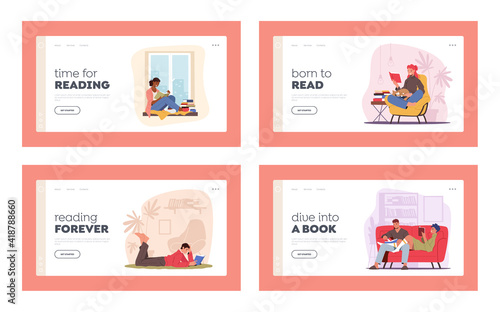 People Reading at Home, Education Sparetime Landing Page Template Set. Couple Lying on Sofa with Book, Leisure Time