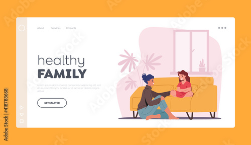 Mother and Daughter on Sofa Telling Secrets Landing Page Template. Mom and Girl Talking, Parent Character Support Child