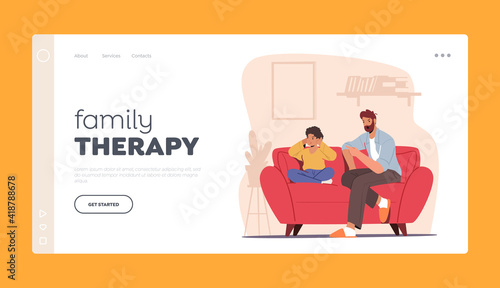 Angry Dad Character Sit on Couch Scold Son Landing Page Template. Offended Boy Closing Ears with Hands Ignore Father