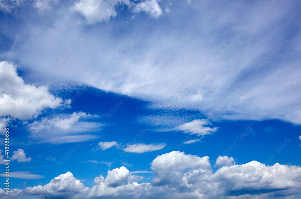 Blue sky background with cumulus clouds