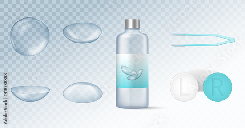 Eye contact lenses, container and solution bottle mock up on transparent background