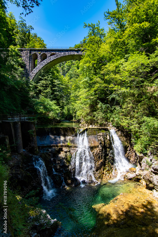 Blejski gorge - Blejski vintgar during beautiful sunny day, Slovenia Blejski gorge - Blejski vintgar during beautiful sunny day, Slovenia