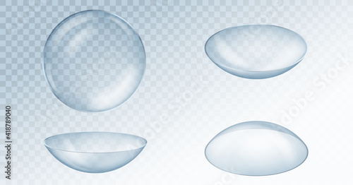 Realistic eye contact lenses on transparent background 3d top, side and front view