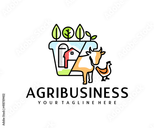 Agribusiness, silos or storage, barn, plants, cow and chicken, logo design. Agriculture, farm, farming, garden and animal husbandry, vector design and illustration