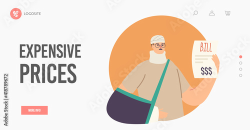 Expensive Prices Landing Page Template. Upset Male Character Shocked with Medicine Service High Cost. Injured Man