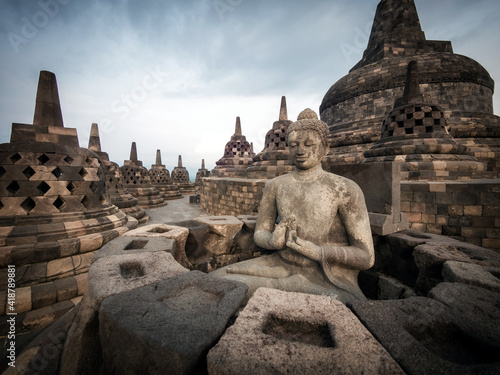 Ancient ruins of Borobudur, a 9th-century Mahayana Buddhist temple in Magelang Regency near Yogyakarta in Central Java, Indonesia.