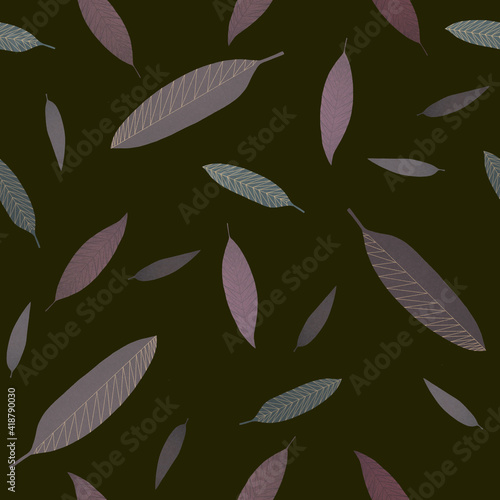 Seamless floral pattern with simple leaves on a dark background 