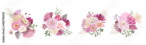 Dried pampas grass, rose, dahlia flowers, tropical palm leaves vector bouquets. Pastel watercolor floral template