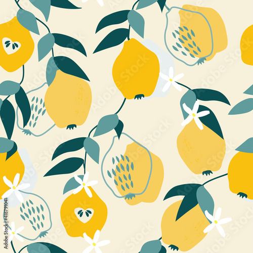 Seamless pattern of pears with branches, flowers and leaves on a light background. Abstract fruits for textiles, wallpaper, posters. Vector graphics.
