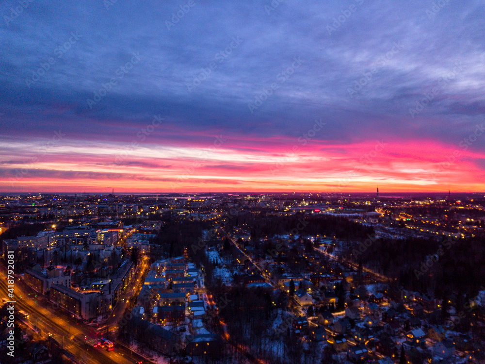 Colorful sunset over the city of Helsinki, Finland