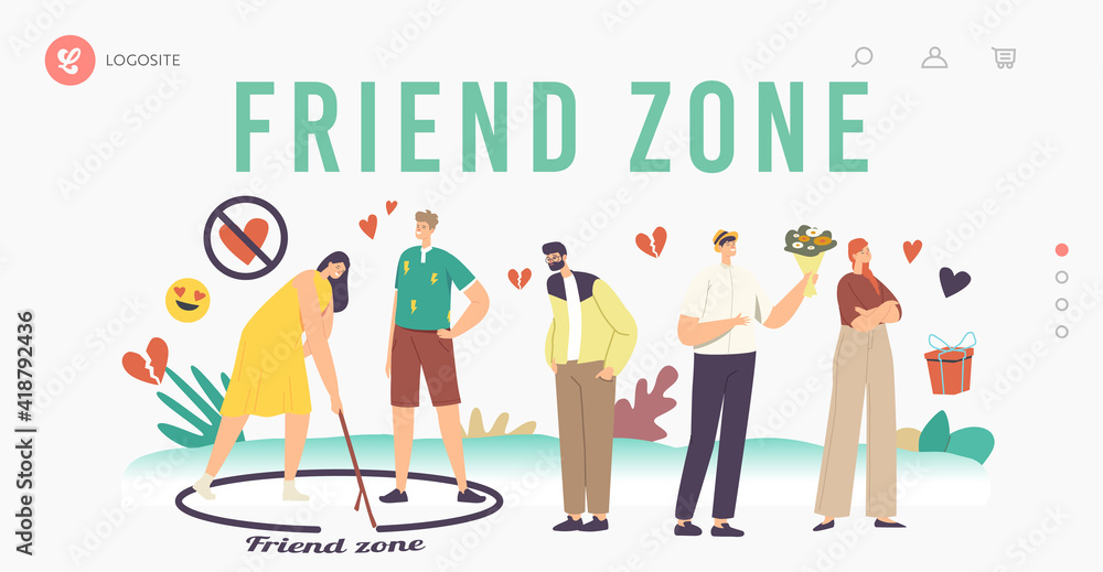 Friend Zone Landing Page Template. Male Fall in Love Trying to Attract Girls. Woman Drawing Circle with Man Inside Friend Zone Landing Page Template. Male Fall in Love Trying to Attract Girls. Woman Drawing Circle with Man Inside