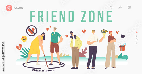 Friend Zone Landing Page Template. Male Fall in Love Trying to Attract Girls. Woman Drawing Circle with Man Inside