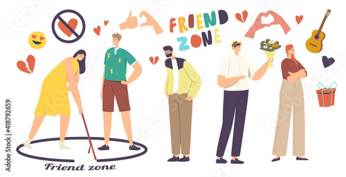 Friend Zone Concept. Male Characters Fall in Love Trying to Attract Girls. Woman Drawing Circle with Man Stand Inside