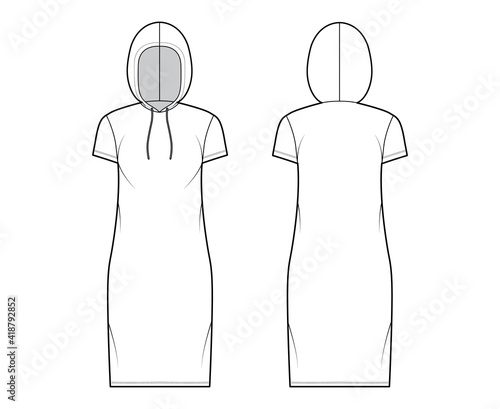 Hoody dress technical fashion illustration with short sleeves, knee length, oversized body, Pencil fullness. Flat sweater apparel template front, back, white color style. Women, men, unisex CAD mockup
