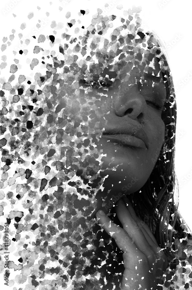 A monochrome paintography portrait of a woman and randome color dots on white background
