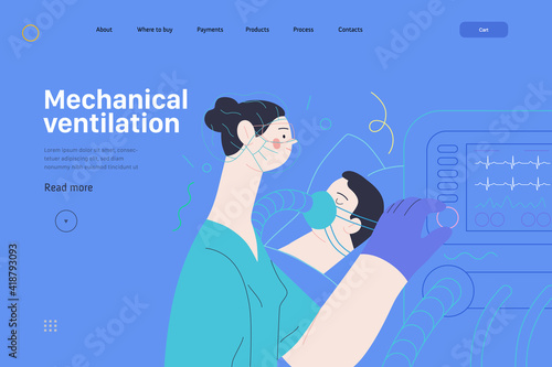 Medical insurance web page template- mechanical ventilation -modern flat vector concept digital illustration -ventilator medical machine equipment for tracheostomy, patient breathing in operating room