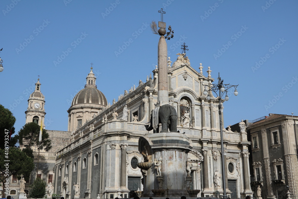 Elephant Fountain and Sant’Agata Cathedral in Catania, Sicily Italy