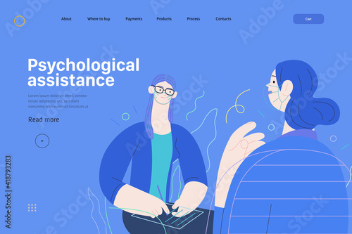 Medical insurance web template -psychological support -modern flat vector concept illustration of therapist wearing glasses, taking session notes in notepad, female patient talking about her problem