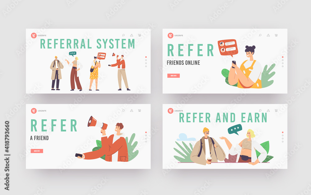 Referral System Landing Page Template Set. Salesman Character Shout to Megaphone Attract Audience to Refer Friends