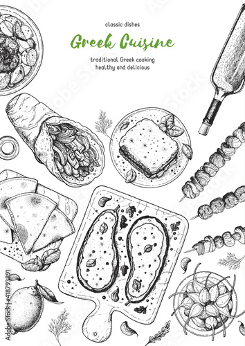 Greek cuisine top view frame. A set of greek dishes with gyros, pita, papoutsakia, pastitsio, kleftiko, grill . Food menu design template. Vintage hand drawn sketch vector illustration. Engraved image