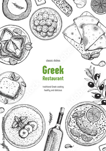 Greek cuisine top view frame. A set of greek dishes with tzatziki, pastitsio, avgolemono soup, koulouri. Food menu design template. Vintage hand drawn sketch vector illustration. Engraved image
