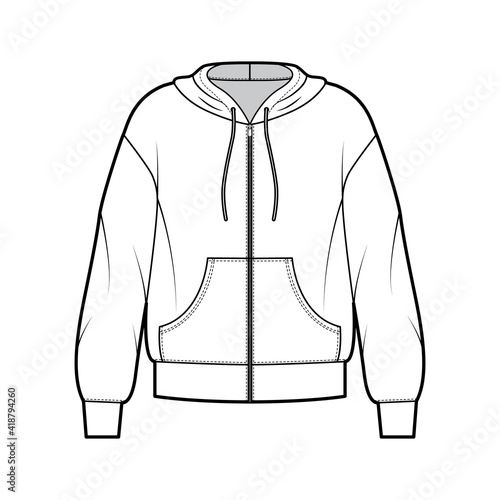 Zip-up Hoody sweatshirt technical fashion illustration with long sleeves, oversized body, kangaroo pouch, banded hem. Flat large apparel template front, white color. Women, men, unisex CAD mockup