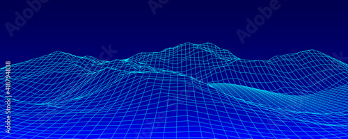 Wireframe 3D landscape mountains. Wireframe landscape wire. 3d landscape. Digital retro landscape cyber surface. Vector illustration.
